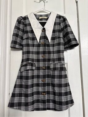 Black & White Plaid Dress with White Collar Goth Anime Schoolgirl Alternative